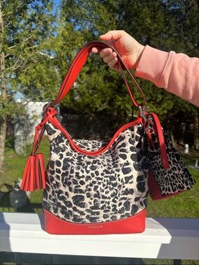 Coach Red and Black Leopard-Print Shoulder Bag